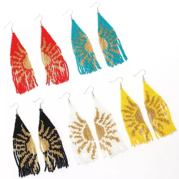 5" Abstract Sunshine White Gold Long Beaded Oversized Rays of Sun Earrings New - Picture 5 of 5